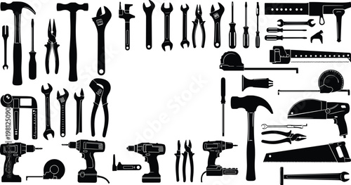 Hand Tools Collection Set with Hammers Wrenches Screwdrivers Pliers Saws and Power Tools Silhouette Vector Illustration Isolated on White Background