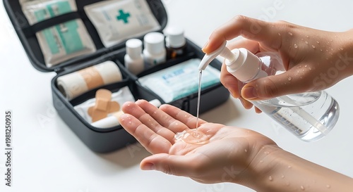 Hand sanitizing for hygiene, preventing illness with a first aid kit in the background