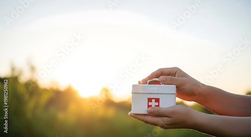Hands holding a first aid kit with a red cross symbol against a blurred green background and setting sun