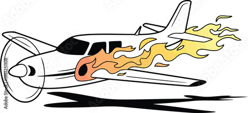 Cartoon airplane with flames depicted in a dynamic illustration