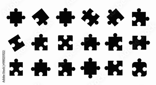 Collection of black jigsaw puzzle pieces on white background, various orientations