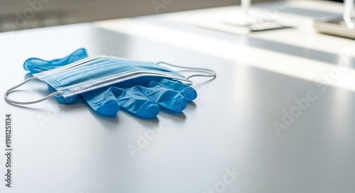 A pair of blue disposable medical gloves and a disposable face mask resting on a white surface, symbolizing health and safety precautions