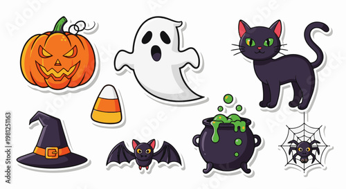 Collection of charming Halloween icons jack-o'-lantern, ghost, black cat, witch hat, bat, cauldron, candy corn, spider