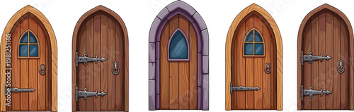 Medieval Wooden Door Set with Gothic Arched Entrances, Vintage Handles and Fantasy Castle Doors Cartoon Flat Vector Illustration Collection