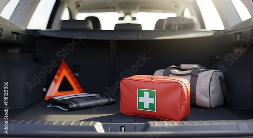 Car emergency kit including first aid supplies and warning triangle in the trunk of a vehicle for safety and preparedness