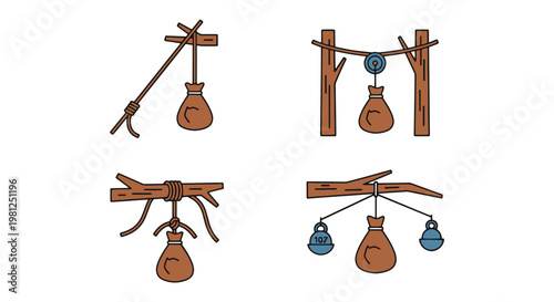 Bear hang rope Line art vector modern abstract color shapes