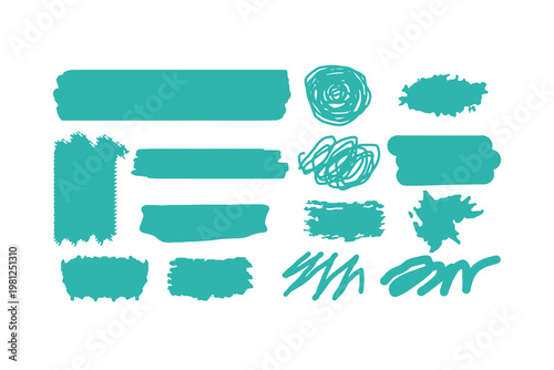 Hand-drawn turquoise brush stroke vectors, banners, and text boxes set