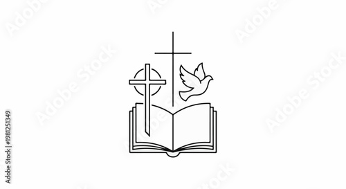 Christian symbol cross, dove, and open book