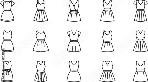 Black and white line of women in long dresses with various hairstyles line women fashion