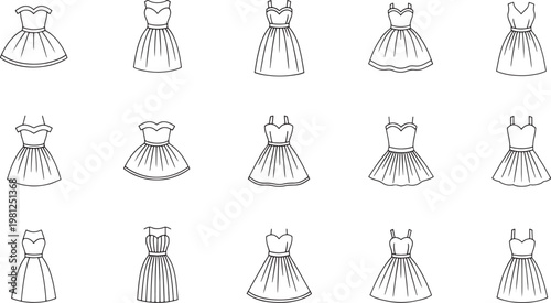 Black and white line of women in long dresses with various hairstyles and poses line fashion