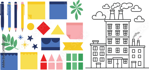 School Supplies and Industrial Factory Illustration Set with Stationery Shapes Plants and Manufacturing Building Line Art Vector Isolated on White Background