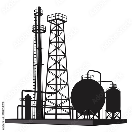 Industrial Oil Refinery Silhouette - Factory Processing Plant and Gas Storage Vector Illustration