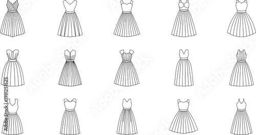 Black and white of sixteen women wearing long dresses with different hairstyles fashion