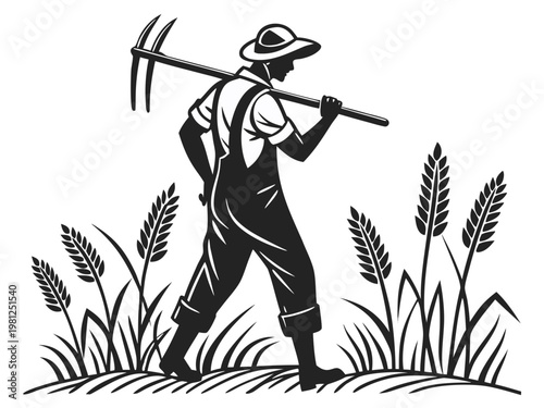 Farmer Silhouette Holding Hoe in Wheat Field Vector Illustration