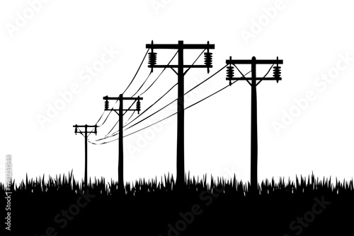 Silhouette of Power Lines and Electric Utility Poles with High Voltage Cables