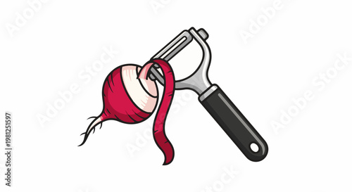Cartoon of a red radish being peeled by a kitchen utensil