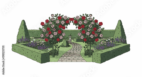 Charming garden with rose arches, lavender, and a stone path