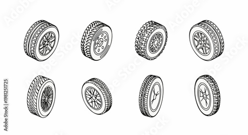 Collection of eight diverse tire illustrations in isometric perspective