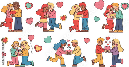 Diverse couples celebrating love and affection with heart-themed gestures Vector