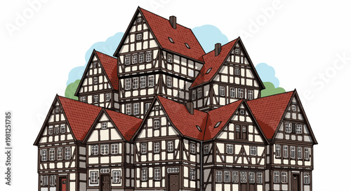 Collection of ancient timber-framed houses under blue sky