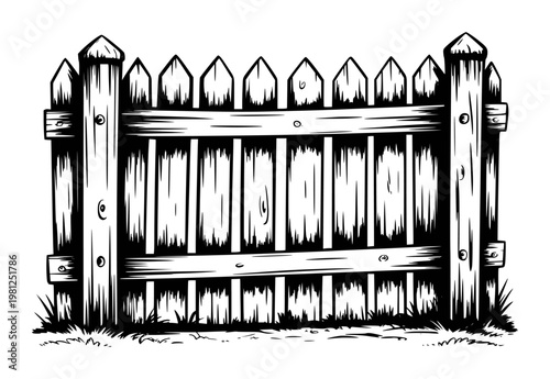 Black and white of a wooden picket fence with grass a white background, garden