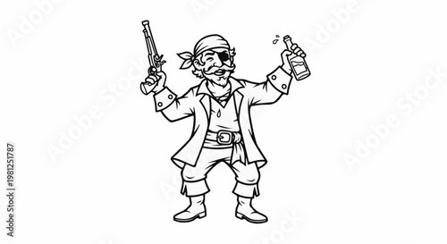 Cartoon pirate with pistol and bottle of rum