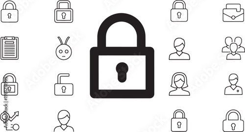 Black silhouette of a laptop with various office and technology around it white computer