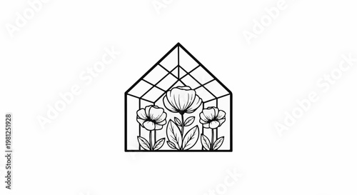 Black outline of a greenhouse with three blooming flowers inside