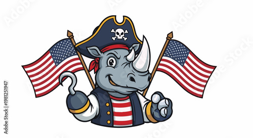 Cartoon rhino in pirate hat with hook and two American flags