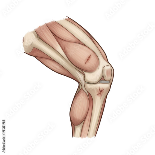 detailed stylized cartoon illustration of a bent human knee with specific superficial abrasions on the patella, isolated on bright white, clinical anatomical reference illustration