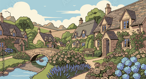 Charming village with stone bridge, stream, and blooming flowers