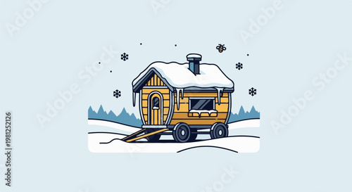 Charming yellow caravan sits in snow, with snowflakes falling around