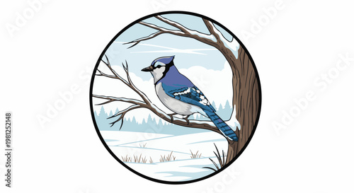 Blue jay perched on a snow-covered branch in a winter landscape