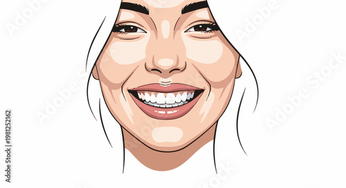 Close-up of a person's smiling face with bright white teeth and hair framing the features