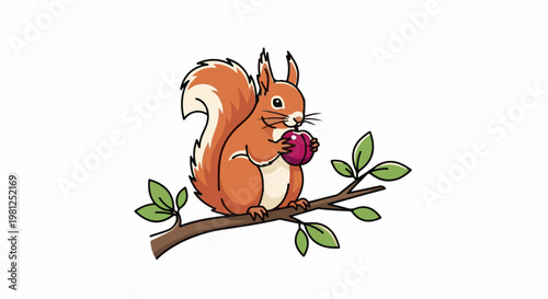 Cartoon squirrel holding a purple nut while sitting on a branch