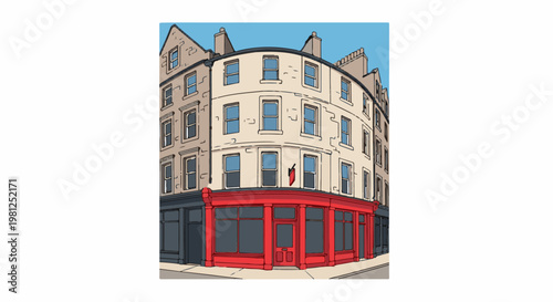 Cartoon drawing of a curved building with a red storefront and apartments above
