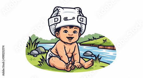 Cheerful baby with a diaper-shaped hat sits by a riverbank