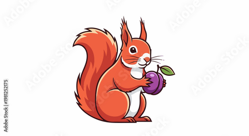 Cartoon squirrel holding a plum with a leaf