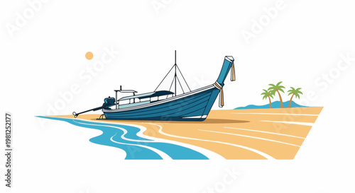 Blue longtail boat resting on a sandy beach with palm trees and sun