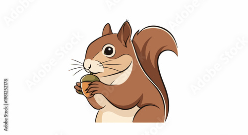 Cartoon squirrel holding an acorn with a fluffy tail on a white background