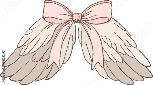 Decorative angel wings with a soft pink bow, hand-drawn doodle illustration. Floating standalone wings element in a minimal sketch style with slightly irregular lines. Symbolic design associated 
