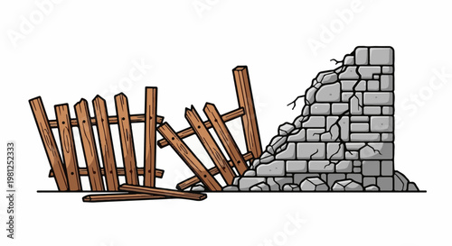 Broken wooden fence and crumbling stone wall against a white background