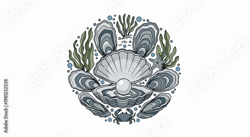 Circular arrangement of oysters, pearl, starfish, seaweed, bubbles, and crab