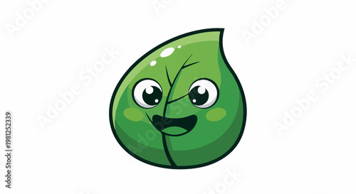 Cheerful cartoon green leaf with big eyes, rosy cheeks, and open smile