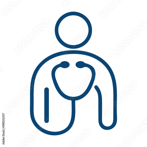 Simple blue icon of a person with a stethoscope symbol