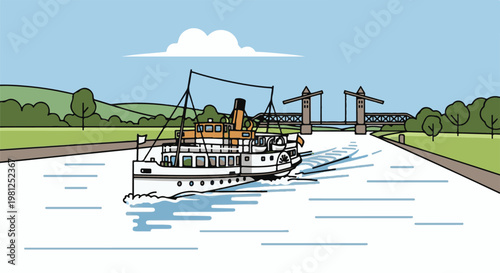 Cartoon steamboat traverses a canal beneath a lift bridge
