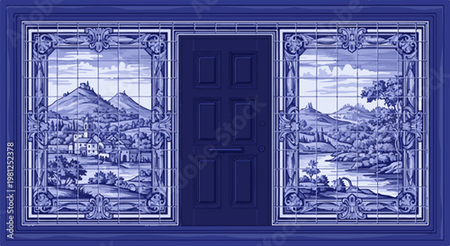 Blue tiled artwork depicts a framed entry with a dark door and scenic landscapes