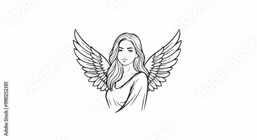 Black and white sketch of a young woman with large feathered wings