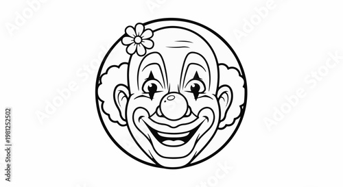 Cheerful clown face with big smile, red nose and flower