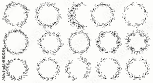 Collection of hand-drawn floral and leaf wreaths and moon shape
